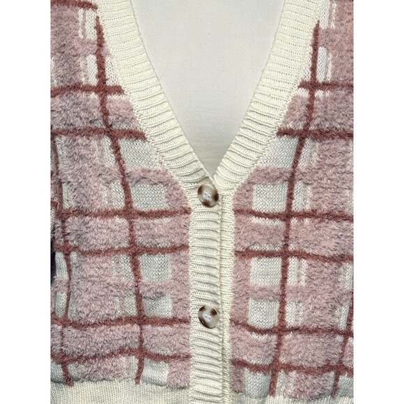 LC Lauren Conrad Women's L Pink / Cream Plaid Soft Plushy Cardigan Sweater - Picture 2 of 6